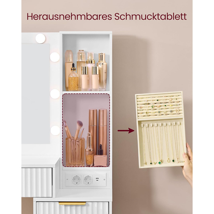 Дзеркальний туалетний столик VASAGLE з пуфом та 10x збільшенням, LED-підсвічуванням, ящиками та станцією для зарядки, 40 x 110 x 135 см, білий