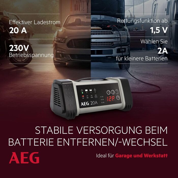 Зарядний пристрій акумуляторів AEG LT 20, 20A для 12/24V авто, 9-ступінчатий, з інтелектуальною функцією заряджання та автоматичним вирівнюванням температури, чорний/сірий