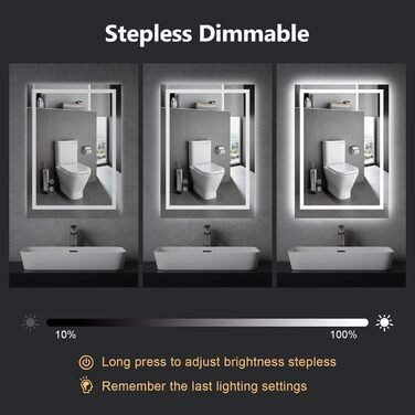 Дзеркало для ванної кімнати Youyijia з підсвічуванням, 70x50 см, антизапарник, сенсорний вимикач, 3 кольори світла, регулювання яскравості