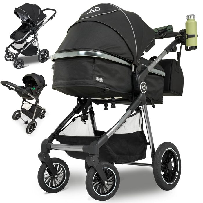 Дитяча коляска 3 в 1 з автокріслом та люлькою | Коляска для малюка з автокріслом, безпечний ремінь, легка оливкова | Без Isofix