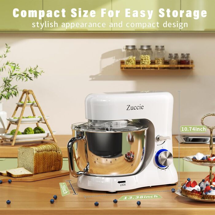 Кухонна машина Zuccie з тихою роботою, місткістю 5л, з нержавіючою чашею, 3 насадки, сплітц-захист, скребок для тіста та роздільник яєць, 8+ швидкостей.