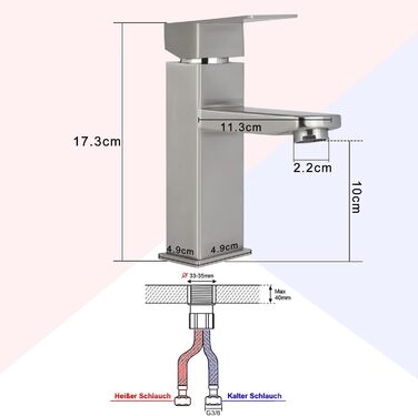 Змішувач для ванної кімнати з нержавіючої сталі, однолеверний, для умивальника, під високий тиск, з підключенням до гарячої та холодної води