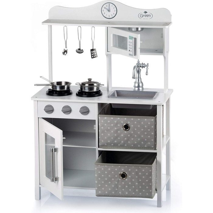 Дерев'яна дитяча кухня Kinderplay з LED та звуками приготування їжі, регульована висота 92–107 см, ігровий набір для дітей від 3 років, повний комплект з аксесуарами, світло-сірий колір (Vintage - White)