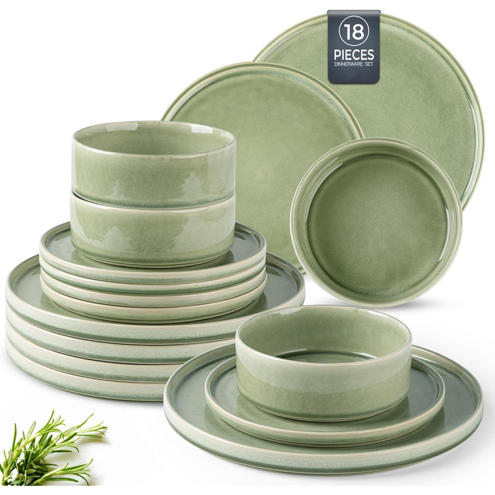 Сервіз GBHOME 12 шт. з реактивною глазур'ю: тарілки та миски, чорно-оливковий, стійкий до сколів, для посудомийної машини та мікрохвильовки