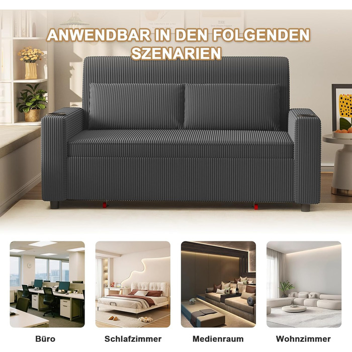 Диван-ліжко JUMMICO 2-місний розкладний сірий з подушками та підсклянниками для вітальні та спальні 75x160x93 см