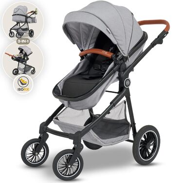 Дитяча коляска 3 в 1 AMOR BABY Primus сірого кольору: автокрісло, класична коляска та автокрісло в комплекті | Безпечна, з Isofix та 5-точковим ременем безпеки