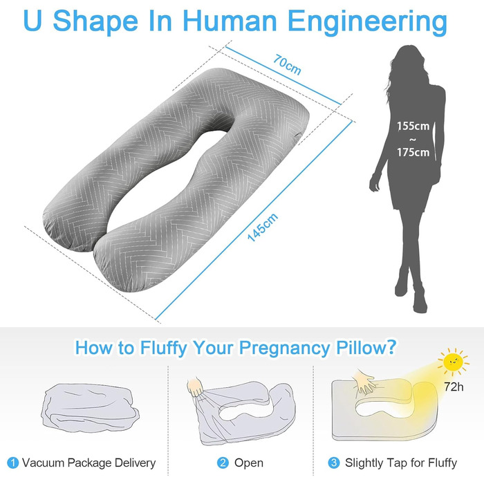 Подушка для тіла U-подібна, подушка для сну на боці та для вагітних, знімна, можна прати, 70x145 см, сіра