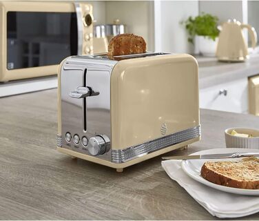 Тостер для хліба Swan Retro ST19010GRNEU широким отвором на 2 скибочки, вінтажний дизайн, 3 функції розморожування/розігрівання/скасування, 6 регуляторів рівня тостів, нержавіюча сталь, 815 Вт (пінка)