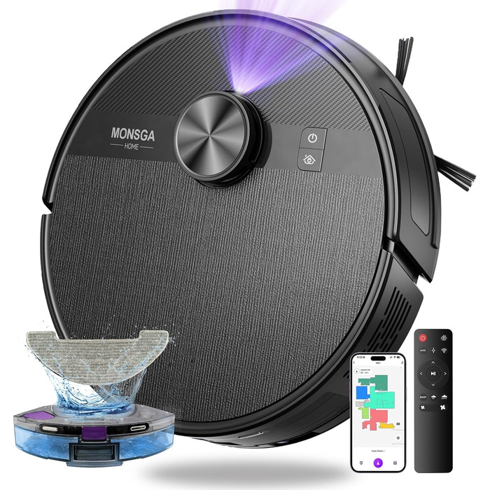 Робот-пилосос MONSGA з функцією миття, 5000Pa, час роботи 180 хв, система захисту від ковтунів, LiDAR навігація, для килимів та шерсті тварин, керування через додаток та пульт (чорний)