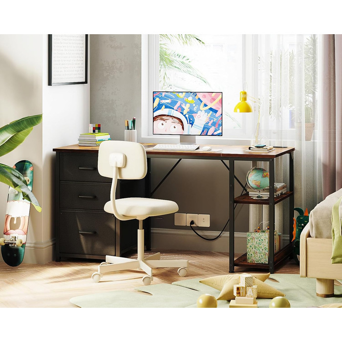 Комп'ютерний стіл Coleshome з ящиками з тканини, 130x48 см, з 2 розетками та 2 USB-портами, з полицею, для офісу/вітальні, коричневий, 130x48x75.7 см