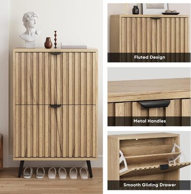 Шкаф для взуття Smuxee з 2 відкидними полицями, 60 см. Сірий шаф для взуття з рельєфним дизайном, незалежний органайзер для взуття для передпокою, коридору, вітальні або гардеробу.