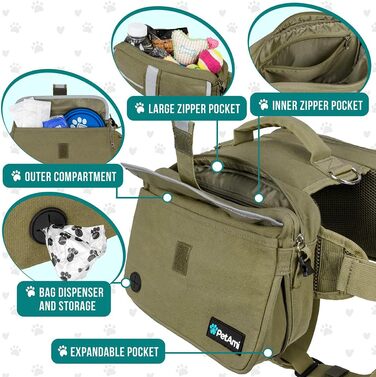 Рюкзак для собак PetAmi для собак середнього розміру, сумка для сідла для собак для перенесення, сумка для жилетів для собак для подорожей (велика) (велика, оливкова полотняна)