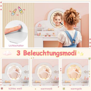 Дитячий туалетний столик COSTWAY у формі ведмедика з підсвіткою, дзеркалом, шафкою та 5 ящиками. Зроблений з дерева, ідеальний для дівчаток від 3 років. Косметичний столик-набір принцеси у формі хмари, білий колір.