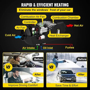 Автономний дизельний опалювач VEVOR 12V 8kW з LCD-дисплеєм та пультом дистанційного керування, 0.16-0.62 л/год, дизельний опалювач для автомобіля