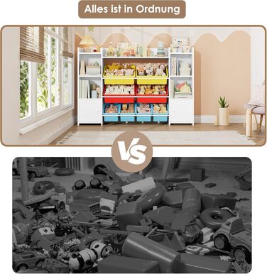 FOREHILL Регульована полиця для іграшок з 8 ящиками, дитячий шафчик, книжкова полиця для дітей, органайзер для іграшок, меблі для дитячої кімнати з іграшковою коробкою, 138,8 x 94,3 x 29,6 см, білий (білий з червоним)