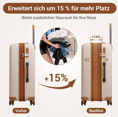 Чемодан ручної поклажі KONO з тримачем для напоїв, жорсткий, легкий, з поліпропілену, розширюваний, з 4 колесами та TSA замком (кремовий/коричневий, XL)