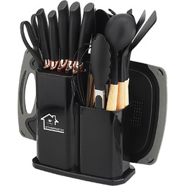 Набір кухонних ножів 19 предметів з підставкою, силіконовий кухонний інвентар, чорний колір