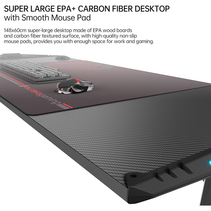 Ігровий стіл EUREKA ERGONOMIC з LED, 140x60 см. Стіл для геймерів з підсвіткою, органайзером для кабелів, тримачем для напоїв та навушників, чорний, X-Large