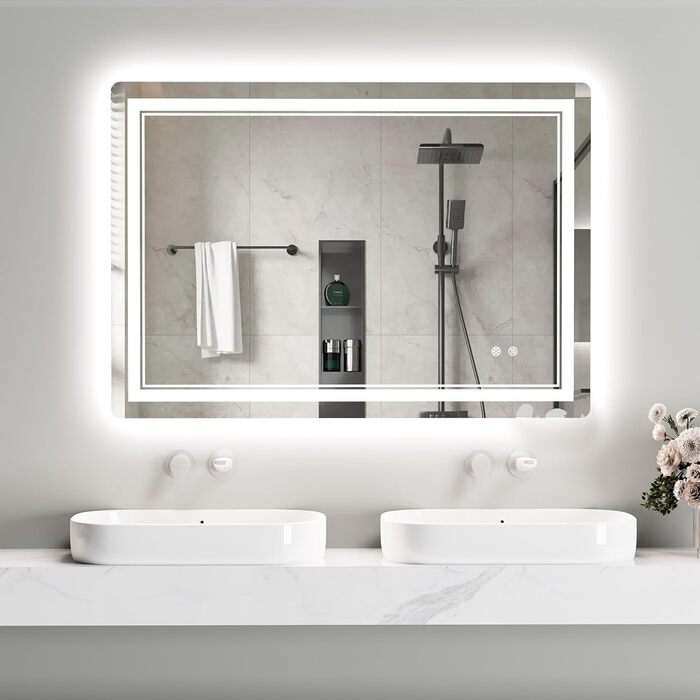 Дзеркало для ванної кімнати зі світлодіодним підсвічуванням 70x50 см, LED Smart дзеркало, антизапар, 3 кольори, регулювання яскравості, горизонтальне/вертикальне кріплення