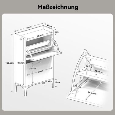 Взуттєва шафа Dripex, вузька, з 2 висувними ящиками-кипперами, металеві ніжки, для прихожей, вітальні, 80x24x100 см, білий (60 см, сірий)
