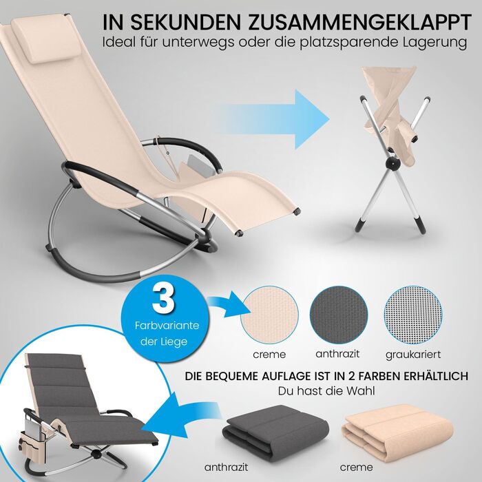 Крісло-гойдалка ELONEO для вулиці з кишенею, крісло-релакс до 180 кг, стійке до погодних умов, для саду та балкону (з подушкою, кремовий/кремовий)