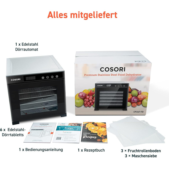 COSORI Дегідратор продуктів з 50 рецептами, 6 піддонів, 3 сітки, 3 килимки, площа 0,6 м², таймер 48 год, LED-дисплей (35°-75°C), 650W, сірий