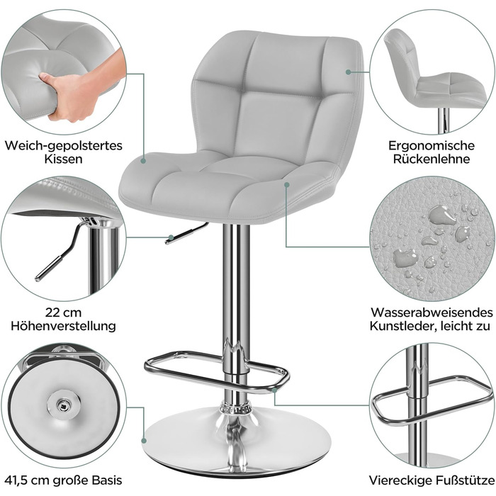 Барні стільці Yaheetech 2 шт. регульовані по висоті, обертаються на 360°, з підніжками та спинкою, з PU-шкіри, сірі (2 шт.)