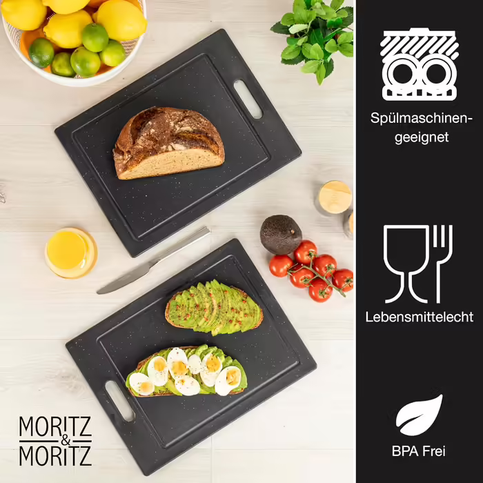 Набір обробних дощок Moritz & Moritz 2 шт. 36x27,5 см, пластик, без BPA, гранітний дизайн, з антиковзними ніжками та отвором для захвату, з канавкою для соку, чорні, великі для кухні