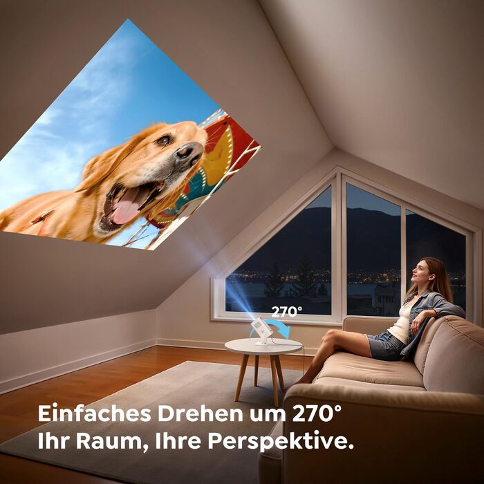 Портативний проєктор Mini Beamer 4K з підтримкою Android 13, WiFi 6, Bluetooth 5.4 та обертанням 270°. Підходить для домашнього кінотеатру, використання на вулиці та підключення до HDMI, Android, iOS, PC, USB. Автоматична корекція трапеції. Білий колір.