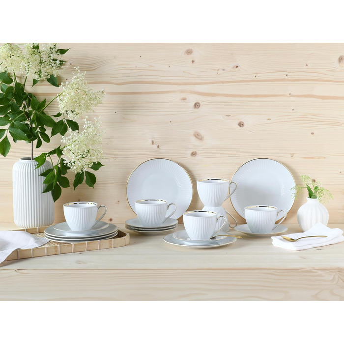 CreaTable Серія Valencia Pastell: 18-частинний кавовий сервіз на 6 осіб з порцеляни, Made in Europe (кремовий, блакитний, зелений)