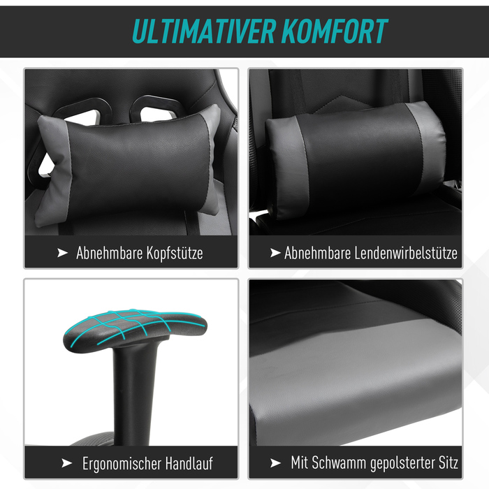 Крісло ігрове Vinsetto Ergonomic, поворотне, з екошкіри та піни, чорного кольору, розміром 67,5x74x126-136 см, для комфортної роботи та ігор.
