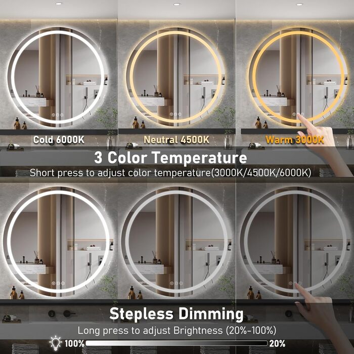 Дзеркало для ванної кімнати з підсвічуванням, 60 см, кругле, з антизапарюючим покриттям, регульоване, 3 кольори світла (80x80 см)
