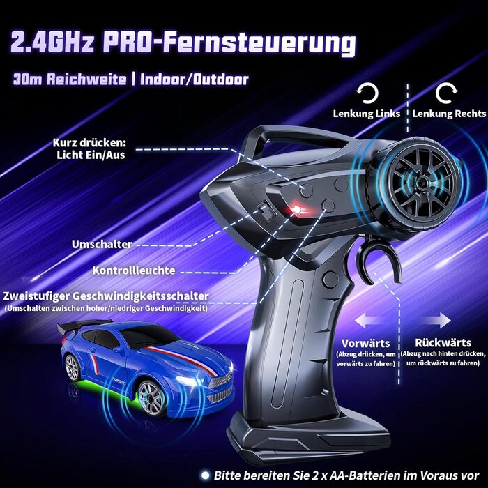 RC Дрифт-кар Mini Drift 1/64 з LED підсвіткою, 2 режими швидкості, 2.4GHz, блакитний – іграшка для дітей та дорослих, комплект з трасою та перешкодами