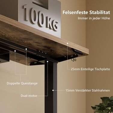 Регульований стіл, 180x80 см, електричний стоячий стіл з двома моторами, сенсорна панель, USB-A, кабелеуправління, стільниця 25 мм, ергономічний офісний стіл, білий (180 x 80 см, коричневий)