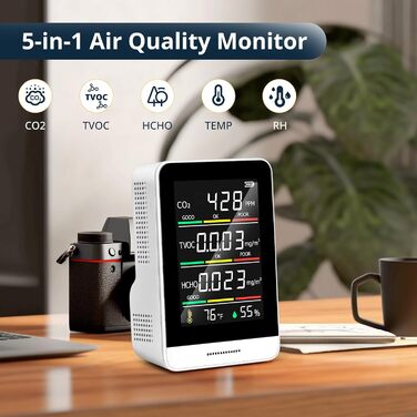 Монітор якості повітря 5-в-1 для дому: CO2, HCHO, TVOC, температура, вологість, запис даних, компактний та портативний