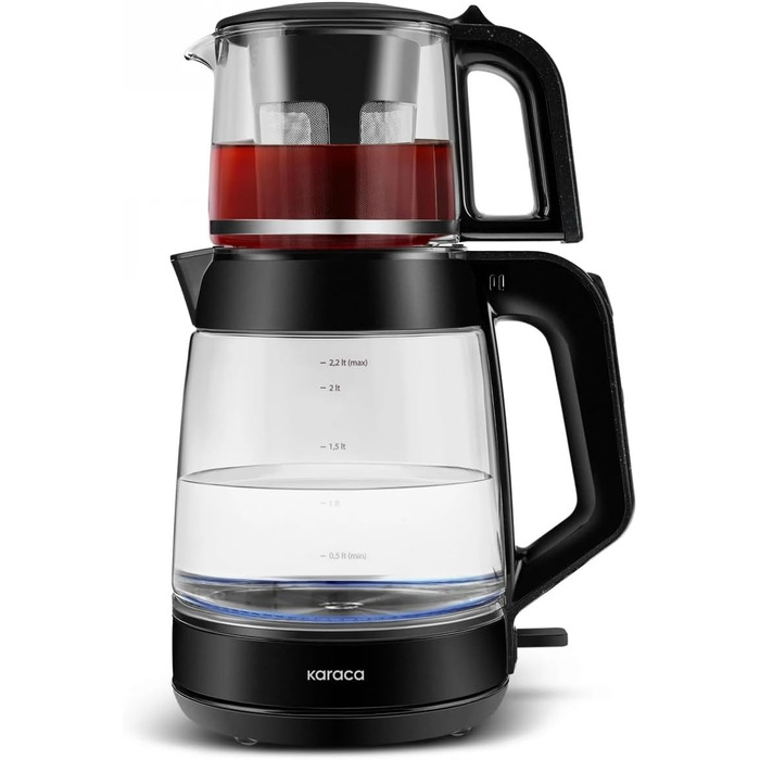Чайник-заварник Karaca Glass XL 2 в 1 Shiny Black, 0.9л, 2.2л, LED, автоматичний, поворотний, енергоефективний
