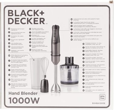 Ручний блендер BLACKDECKER BXHBA1000E, 1000 Вт, 20 режимів, 4 аксесуари