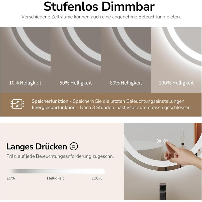 Дзеркало для ванної кімнати EMKE з підсвічуванням 50x90 см, овальне, з сенсорним перемикачем, 3 кольори світла, регулювання яскравості, антизапарник, функція пам'яті, автоматичне вимкнення через 3 години