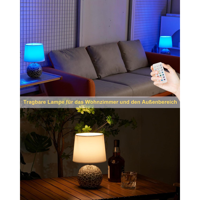 EGOBASIC Лампа настільна керамічна акумуляторна з пультом, 12 кольорів RGB, диммування, таймер, для вітальні, спальні, їдальні