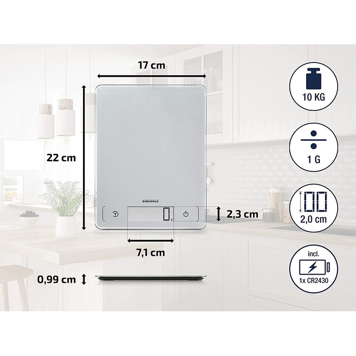 Цифрові кухонні ваги Soehnle page Comfort 300 slim, срібні ваги вагою до 10 кг(з точністю до 1 г), Побутові ваги з сенсором Touc