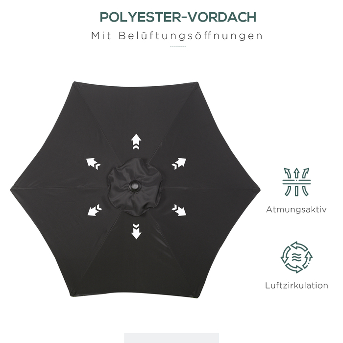 Outsunny Parasol Ø196 см, поворотна парасолька з функцією складання, шестикутна балконна парасолька пляжна парасолька вітрозахисна стабільна на ринку Парасолька з колінчастим механізмом Парасолька від сонця для пляжного балконного саду, чорний