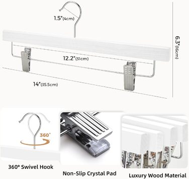 Дерев'яні вішалки для штанів та одягу HOUSE DAY з кліпсами, 25 шт. - білі, 35,5 см, з обертовим гачком