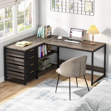 Письмовий стіл Tribesigns L-подібний з 4 шухлядами, комп'ютерний стіл, 2 полиці, кутовий, з місцем для зберігання, для офісу, кабінету, вітальні, 150×110×75 см (Волоський горіх & Білий) (Сірий)