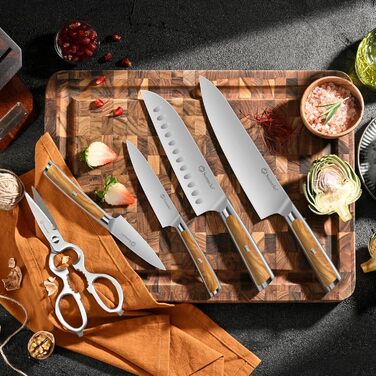 Набір ножів Sunnecko 6 шт. з підставкою – кухонний набір ножів для кухні, з ергономічними ручками та гострими лезами, з підставкою з нержавіючої сталі та акацієвого дерева