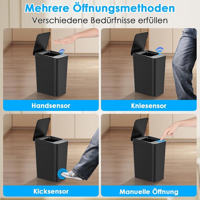 Набір сміттєвих відер Dreamhigh 2 шт. з сенсором, 15L та 12L, електричні, з автоматичним відкриванням кришки, смарт-відра з 3 режимами відкривання, тихі та водонепроникні для кухні, ванної, офісу, вітальні, чорного кольору