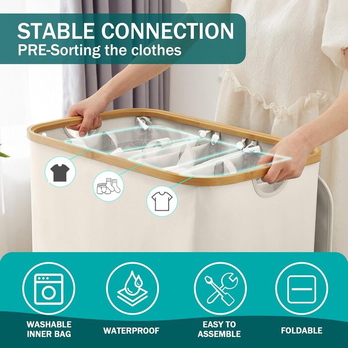 Кошик для білизни Youdenova з кришкою, великий, 160л, бамбук та дерево, сортувальник для білизни, білий