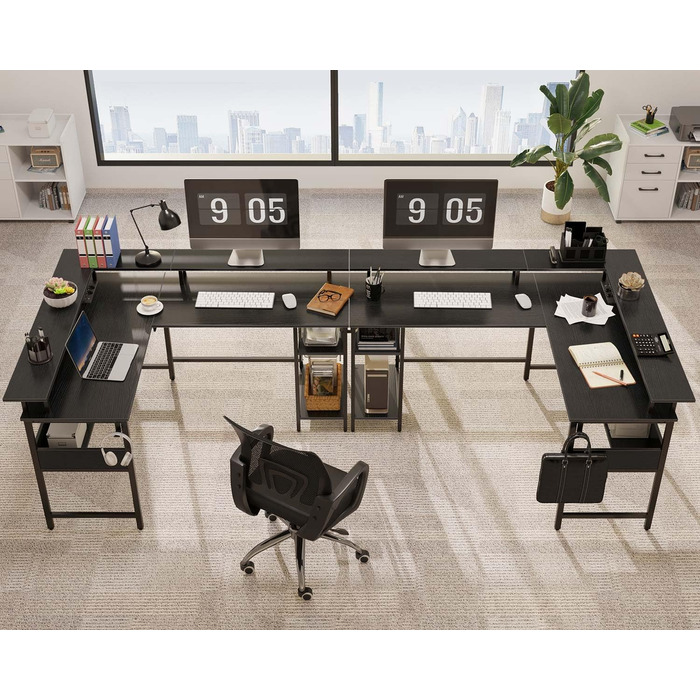 Роланстар Стіл ігровий L-подібний з LED та розеткою, 137 x 108 см, комп'ютерний стіл з підставкою для монітора та місцем для зберігання, реверсивний кутовий стіл для офісу, домашнього офісу (Білий) (Чорний)