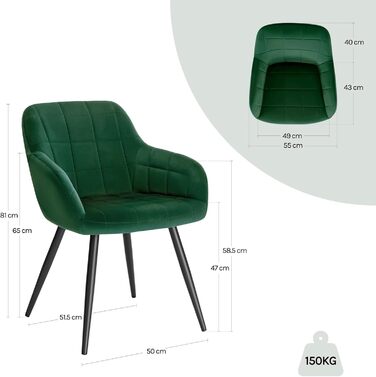 Крісла для їдальні WOLTU, крісла для кухні, м'які крісла з підлокітниками, 8 шт., темно-зелений, з велюровою оббивкою та металевими ніжками