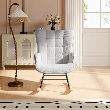 Крісло-гойдалка Liuyoyo з високою спинкою, м'яке крісло з оббивкою, для спальні, офісу, читання, сучасний дизайн (Рожевий, Світло-сірий)