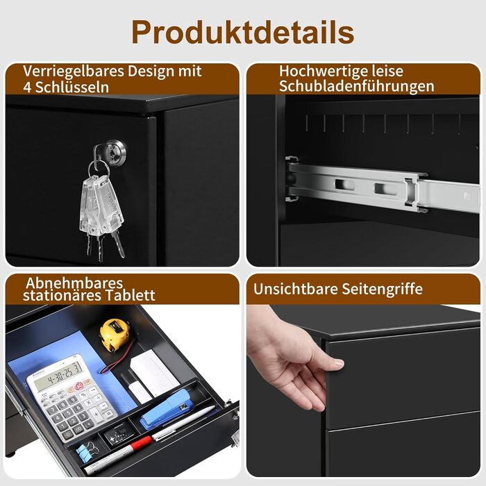 Роликовий контейнер HOMSTEEL з замком, 4 шухляди, металевий шафа, готовий до використання, для офісу та дому, білий (3 шухляди (44T x 37B x 60H cm), чорний)